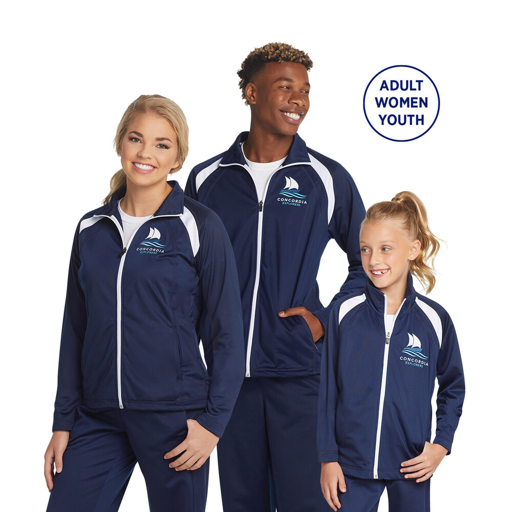 Navy blue track jackets modeled by a family